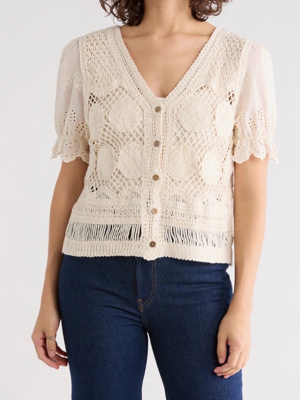 Cream Crochet Floral Lace Button-Front Cardigan